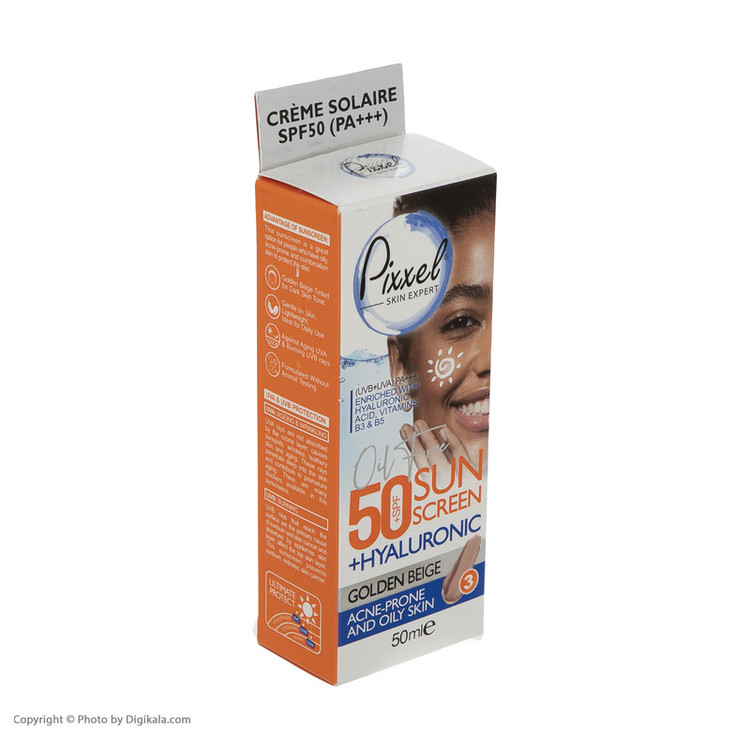کرم ضد آفتاب رنگی پیکسل، SPF 50، مدل GOLDEN BEIGE، مناسب پوستهای آکنهدار و چرب با تنالیته تیره و حجم 50 میلیلیتر، محافظتکننده در برابر اشعههای UVA و PA ،UVB+++، ضد جوش و آکنه، دارای فرمولاسیون فاقد چربی و هیالورونیک اسید، با ماندگاری 2 ساعته