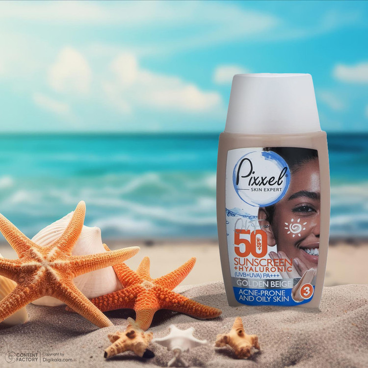 کرم ضد آفتاب رنگی پیکسل، SPF 50، مدل GOLDEN BEIGE، مناسب پوستهای آکنهدار و چرب با تنالیته تیره و حجم 50 میلیلیتر، محافظتکننده در برابر اشعههای UVA و PA ،UVB+++، ضد جوش و آکنه، دارای فرمولاسیون فاقد چربی و هیالورونیک اسید، با ماندگاری 2 ساعته