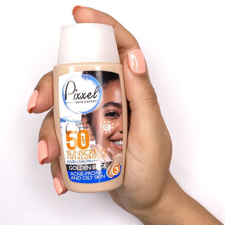 کرم ضد آفتاب رنگی پیکسل، SPF 50، مدل GOLDEN BEIGE، مناسب پوستهای آکنهدار و چرب با تنالیته تیره و حجم 50 میلیلیتر، محافظتکننده در برابر اشعههای UVA و PA ،UVB+++، ضد جوش و آکنه، دارای فرمولاسیون فاقد چربی و هیالورونیک اسید، با ماندگاری 2 ساعته