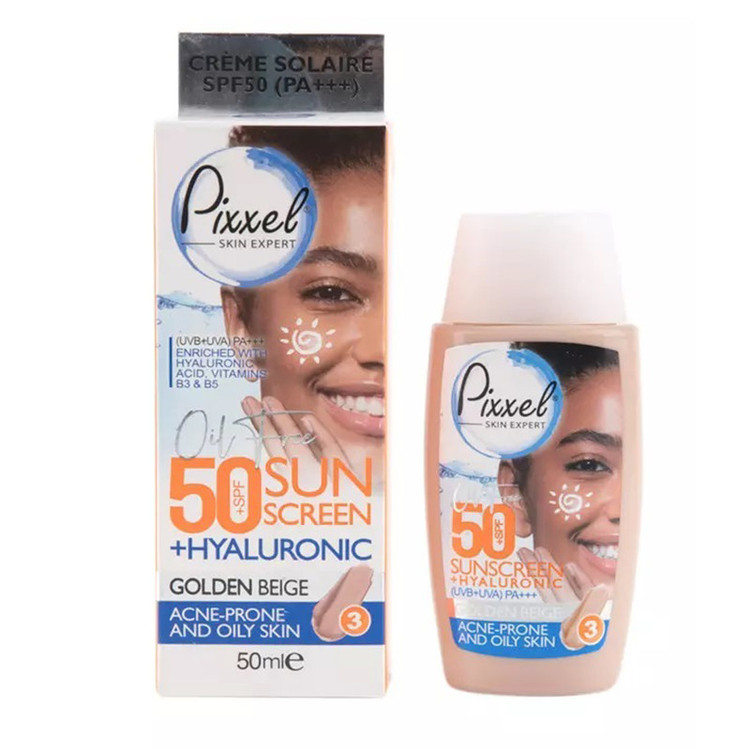 کرم ضد آفتاب رنگی پیکسل، SPF 50، مدل GOLDEN BEIGE، مناسب پوستهای آکنهدار و چرب با تنالیته تیره و حجم 50 میلیلیتر، محافظتکننده در برابر اشعههای UVA و PA ،UVB+++، ضد جوش و آکنه، دارای فرمولاسیون فاقد چربی و هیالورونیک اسید، با ماندگاری 2 ساعته