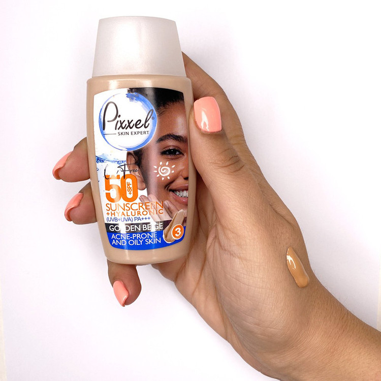 کرم ضد آفتاب رنگی پیکسل، SPF 50، مدل GOLDEN BEIGE، مناسب پوستهای آکنهدار و چرب با تنالیته تیره و حجم 50 میلیلیتر، محافظتکننده در برابر اشعههای UVA و PA ،UVB+++، ضد جوش و آکنه، دارای فرمولاسیون فاقد چربی و هیالورونیک اسید، با ماندگاری 2 ساعته