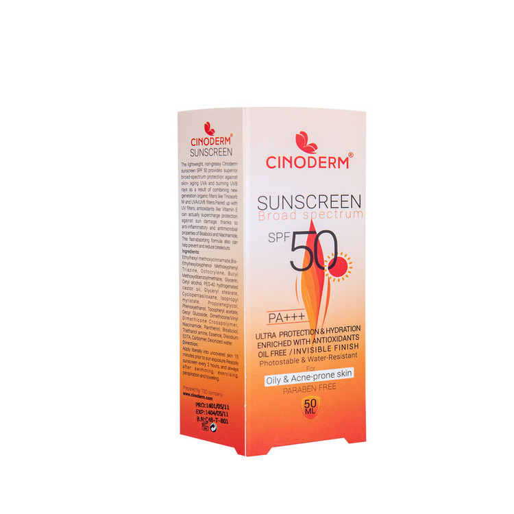 کرم ضدآفتاب بی رنگ سینودرم SPF50 مدل 02 مناسب پوست چرب حجم 50میلی لیتر