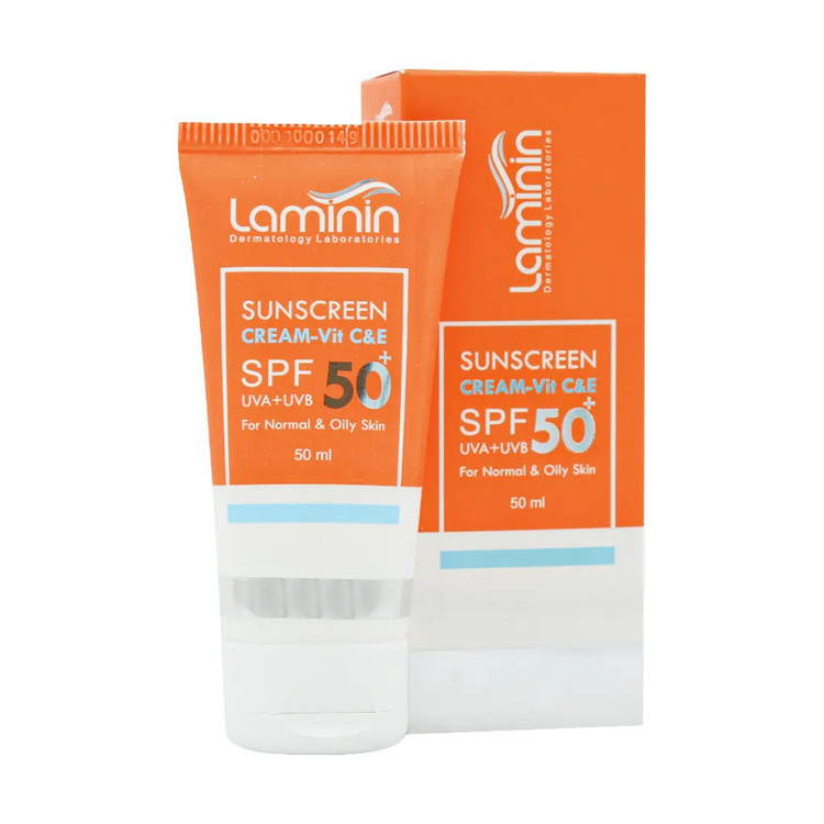 کرم ضد آفتاب بیرنگ دست و صورت لامینین SPF 50 مدل ویتامینه محافظ UVA ،UVB مناسب برای پوست چرب و معمولی حجم 50 میلیلیتر
