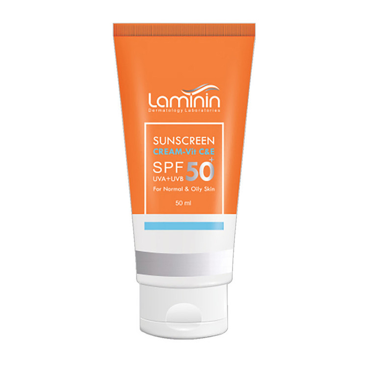 کرم ضد آفتاب بیرنگ دست و صورت لامینین SPF 50 مدل ویتامینه محافظ UVA ،UVB مناسب برای پوست چرب و معمولی حجم 50 میلیلیتر