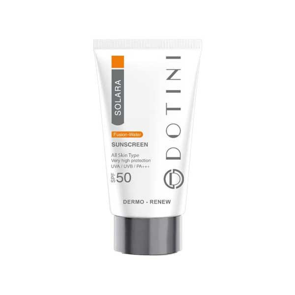 کرم ضد آفتاب بیرنگ دوتینی، SPF 50، مدل فیوژن واتر، مناسب انواع پوست با حجم 50 میلیلیتر، محافظتکننده در برابر اشعههای UVA و PA ،UVB+++، دارای فرمولاسیون هیالورونیک اسید، ویتامینهای C و E، با ماندگاری 2 ساعته