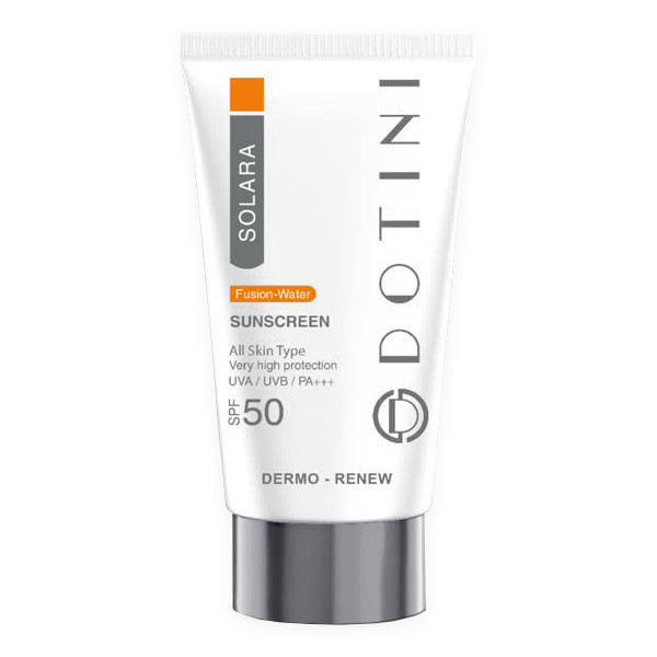 کرم ضد آفتاب بیرنگ دوتینی، SPF 50، مدل فیوژن واتر، مناسب انواع پوست با حجم 50 میلیلیتر، محافظتکننده در برابر اشعههای UVA و PA ،UVB+++، دارای فرمولاسیون هیالورونیک اسید، ویتامینهای C و E، با ماندگاری 2 ساعته