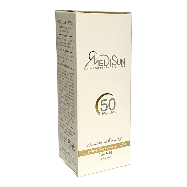 کرم ضد آفتاب رنگی مدیسان SPF50 مدل UVA+UVB مناسب پوست های خشک و معمولی حجم 50 میلی لیتر