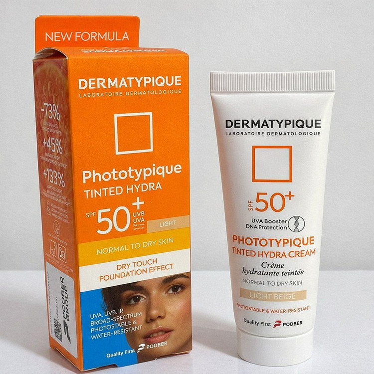 کرم ضد آفتاب رنگی(روشن) صورت درماتیپیک SPF 50 مدل تینتد هیدرا، محافظ در برابرUVA,UVB,IR,مناسب برای پوست خشک حجم ۵۰ میلیلیتر