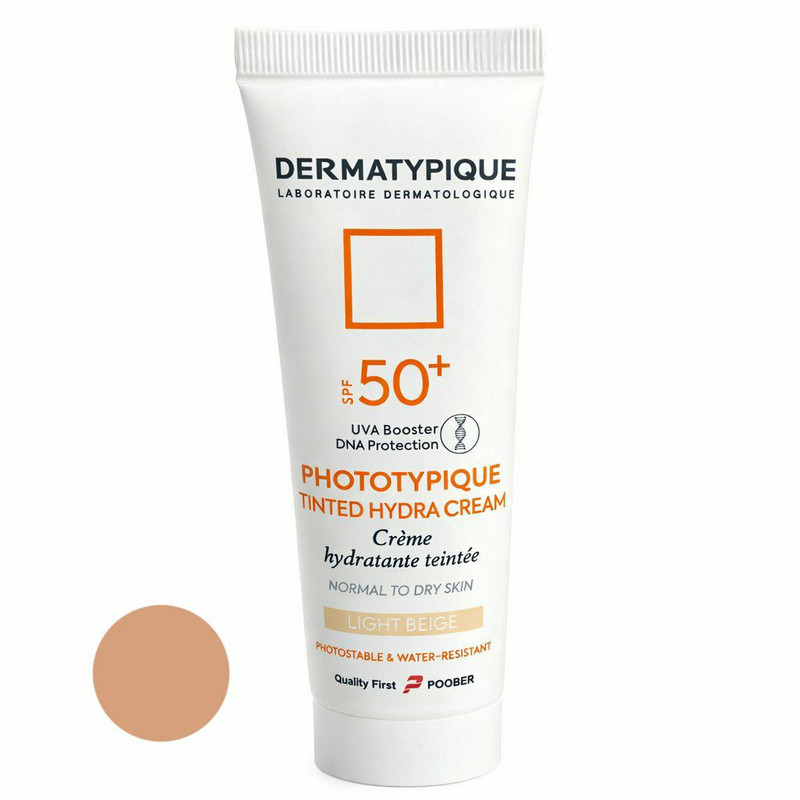 کرم ضد آفتاب رنگی(روشن) صورت درماتیپیک SPF 50 مدل تینتد هیدرا، محافظ در برابرUVA,UVB,IR,مناسب برای پوست خشک حجم ۵۰ میلی‌لیتر