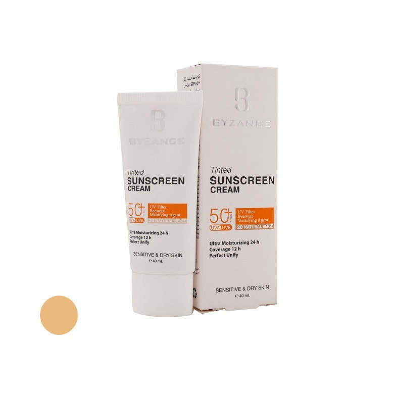 کرم ضد آفتاب رنگی صورت بیزانس SPF 50 مدل Natural Beight 20 ‌محافظ در برابر UVA/UVB مناسب برای پوست خشک و حساس حجم 40 میلی‌لیتر