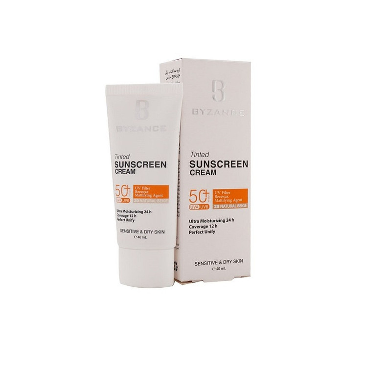 کرم ضد آفتاب رنگی صورت بیزانس SPF 50 مدل Natural Beight 20 محافظ در برابر UVA/UVB مناسب برای پوست خشک و حساس حجم 40 میلیلیتر