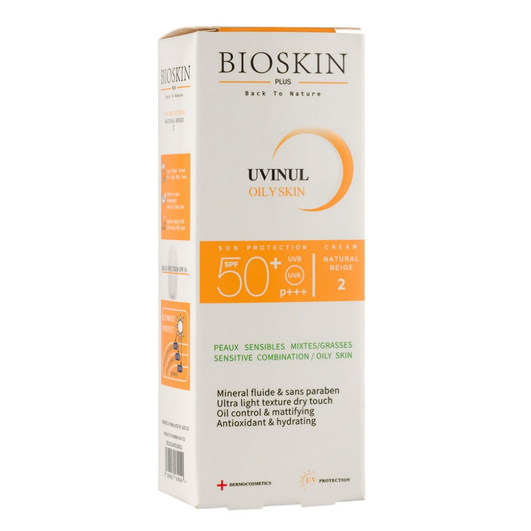 کرم ضد آفتاب رنگی صورت بایو اسکین پلاس SPF 50 مدل UVINUL محافظ UVA ،UVB و PA+++،مناسب برای پوست چرب و مختلط حجم ۴۰ میلیلیتر