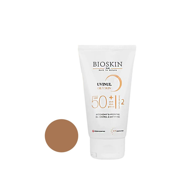 کرم ضد آفتاب رنگی صورت بایو اسکین پلاس SPF 50 مدل UVINUL محافظ UVA ،UVB و PA+++،مناسب برای پوست‌ چرب و مختلط حجم ۴۰ میلی‌لیتر
