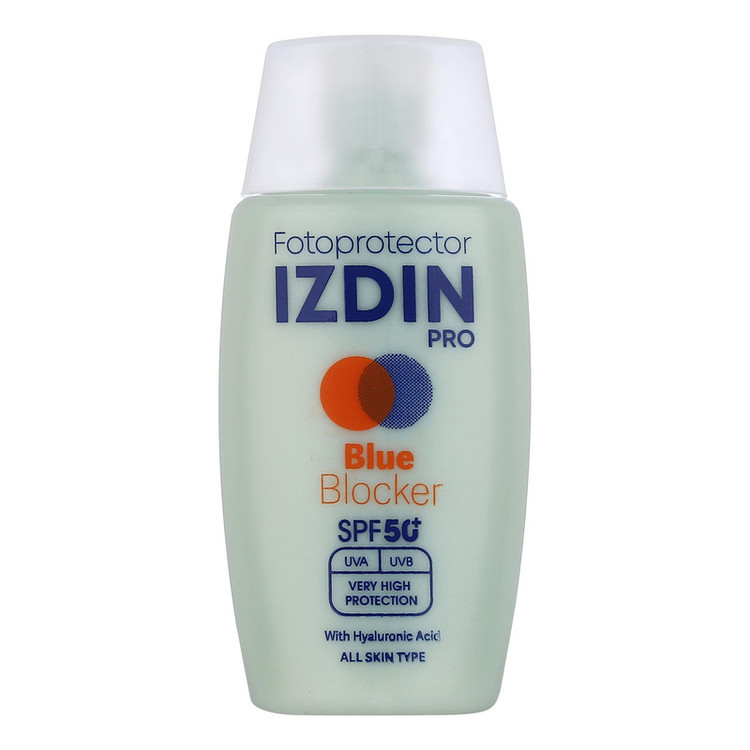 فلوئید ضد آفتاب بیرنگ صورت و گردن ایزدین پرو SPF 50 مدل Blue Blocker محافظ در برابر اشعه UVA و UVB مناسب برای انواع پوست حجم 50 میلیلیتر
