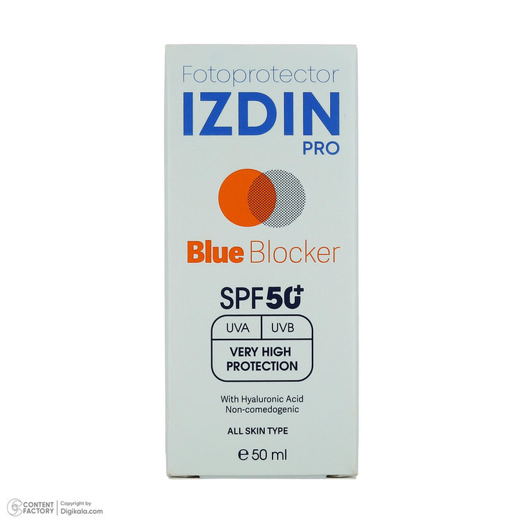 فلوئید ضد آفتاب بیرنگ صورت و گردن ایزدین پرو SPF 50 مدل Blue Blocker محافظ در برابر اشعه UVA و UVB مناسب برای انواع پوست حجم 50 میلیلیتر