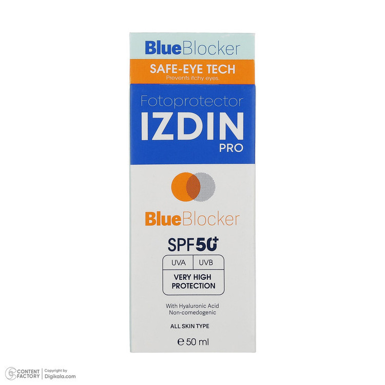 فلوئید ضد آفتاب بیرنگ صورت و گردن ایزدین پرو SPF 50 مدل Blue Blocker محافظ در برابر اشعه UVA و UVB مناسب برای انواع پوست حجم 50 میلیلیتر