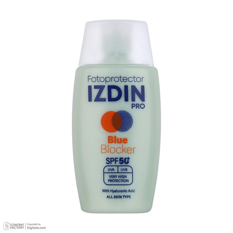 فلوئید ضد آفتاب بیرنگ صورت و گردن ایزدین پرو SPF 50 مدل Blue Blocker محافظ در برابر اشعه UVA و UVB مناسب برای انواع پوست حجم 50 میلیلیتر