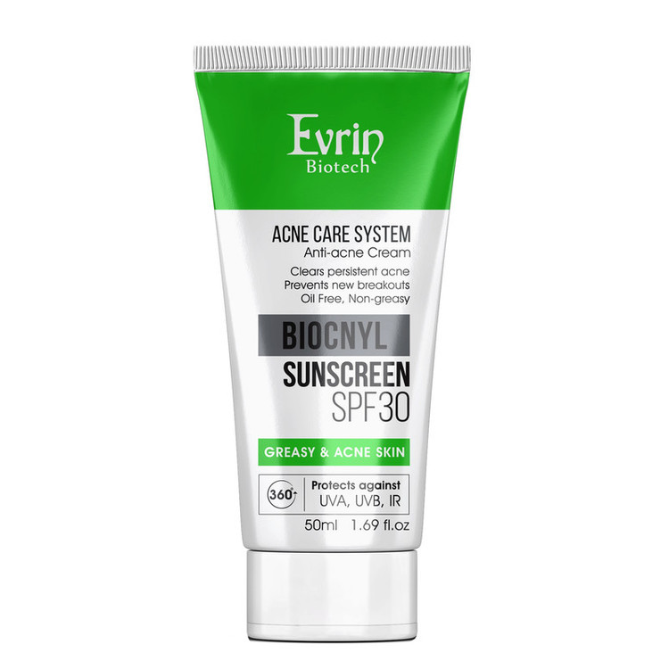 کرم ضد آفتاب بدون رنگ SPF 30 مدل BIOCNYL مناسب پوستهای ضد جوش و آکنه حجم 50 میلیلیتر