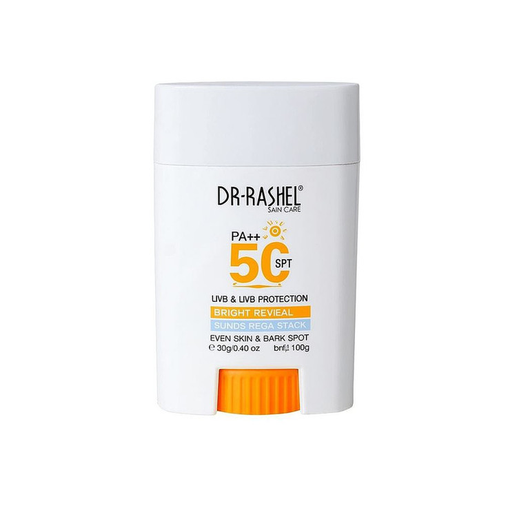 لوسیون ضد آفتاب استیکی بدون رنگ دکتر راشل spf50 مدل bright reveal محافظ UVA،UVB مناسب برای انواع پوست حجم 20 میلی لیتر