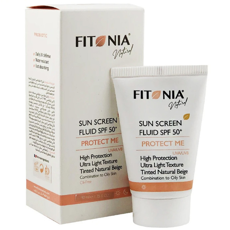 فلوئید ضد آفتاب رنگی صورت فیتونیا spf 50 مدل protect me محافظ UVA ، UVB مناسب پوست چرب و مختلط حجم 40 میلی لیتر