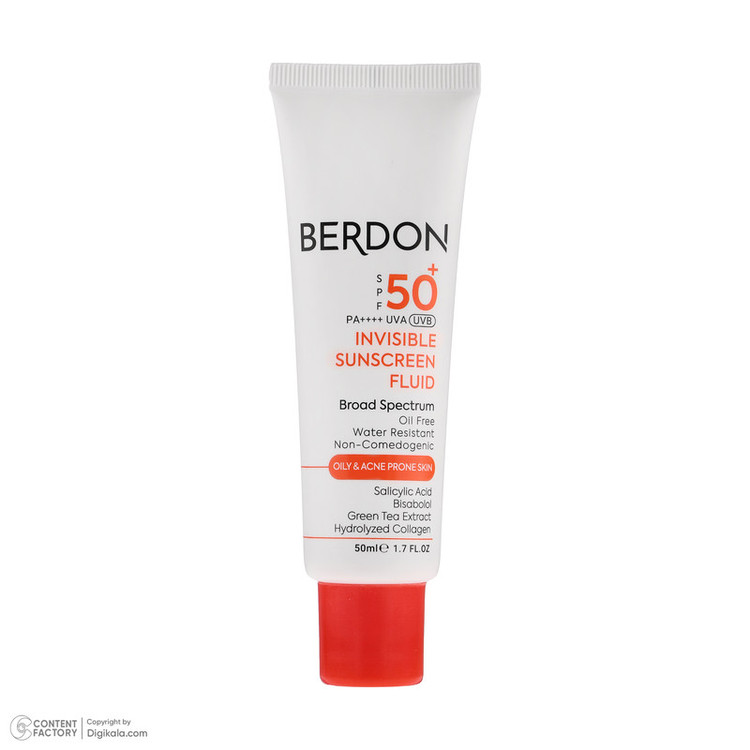 فلوئید ضد آفتاب بدون رنگ صورت بردون spf50 مدل Broad Spectrum محافظ UVA،UVB مناسب پوستهای چرب و آکنهدار حجم 50 میلی لیتر
