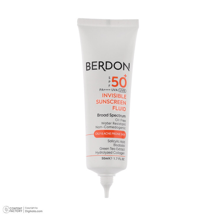 فلوئید ضد آفتاب بدون رنگ صورت بردون spf50 مدل Broad Spectrum محافظ UVA،UVB مناسب پوستهای چرب و آکنهدار حجم 50 میلی لیتر