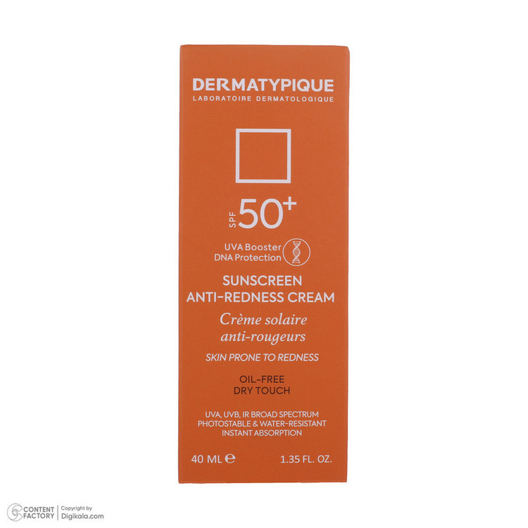 کرم ضد آفتاب بدون رنگ درماتیپیک SPF50 مدل Anti_redness محافط UVB, UVA مناسب انواع پوست حجم 40 میلیلیتر