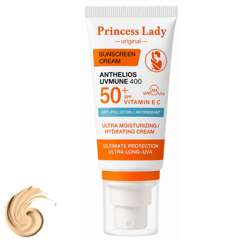 کرم ضد آفتاب رنگی صورت، گردن پرنسس لیدی SPF 50 مدل فیزیکال ویتامین C و E محافظت قوی UVA و UVB ‌مناسب برای انواع پوست حجم ۵۵ میلی لیتر