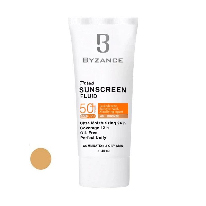 کرم ضد آفتاب رنگی صورت بیزانس SPF 50 مدل Bronze 40 ‌محافظ در برابر UVA/UVB مناسب برای پوست چرب و مختلط حجم 40 میلی‌لیتر