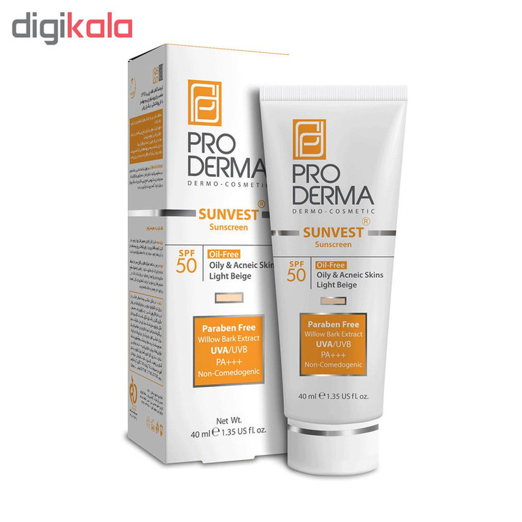 کرم ضد آفتاب رنگی پرودرما، SPF 50، مدل 50 Sunvest، مناسب پوستهای آکنهدار و چرب با تنالیته روشن و حجم 40 میلیلیتر، محافظتکننده در برابر اشعههای UVA و UVB، غیر کومدونزا و فاقد پارابن، PA+++، دارای فرمولاسیون فاقد چربی،با ماندگاری 2 ساعته