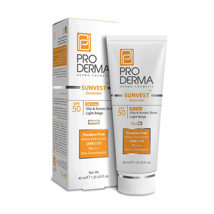 کرم ضد آفتاب رنگی پرودرما، SPF 50، مدل 50 Sunvest، مناسب پوستهای آکنهدار و چرب با تنالیته روشن و حجم 40 میلیلیتر، محافظتکننده در برابر اشعههای UVA و UVB، غیر کومدونزا و فاقد پارابن، PA+++، دارای فرمولاسیون فاقد چربی،با ماندگاری 2 ساعته