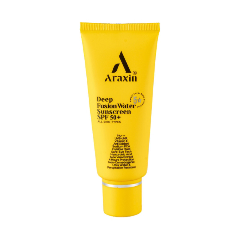 کرم ضد آفتاب بی‌رنگ صورت آراکسین SPF 50 مدل فیوژن واتر محافظ UVA ، UVB مناسب برای انواع پوست حجم ۴۰ میلی لیتر