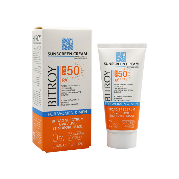کرم ضد آفتاب بدون رنگ بیتروی SPF 50 مدل فیوژن واتر مناسب پوستهای خشک و نرمال حجم 50 میلیلیتر
