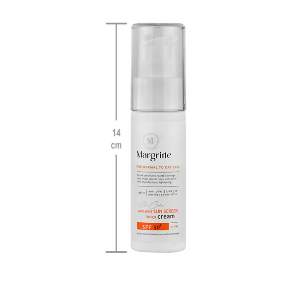 کرم ضد آفتاب رنگی مارگریت SPF 50 مدل01 محافظ UVA ،UVB، روشن کننده مناسب پوست های نرمال تا خشک حجم 50میلی لیتر