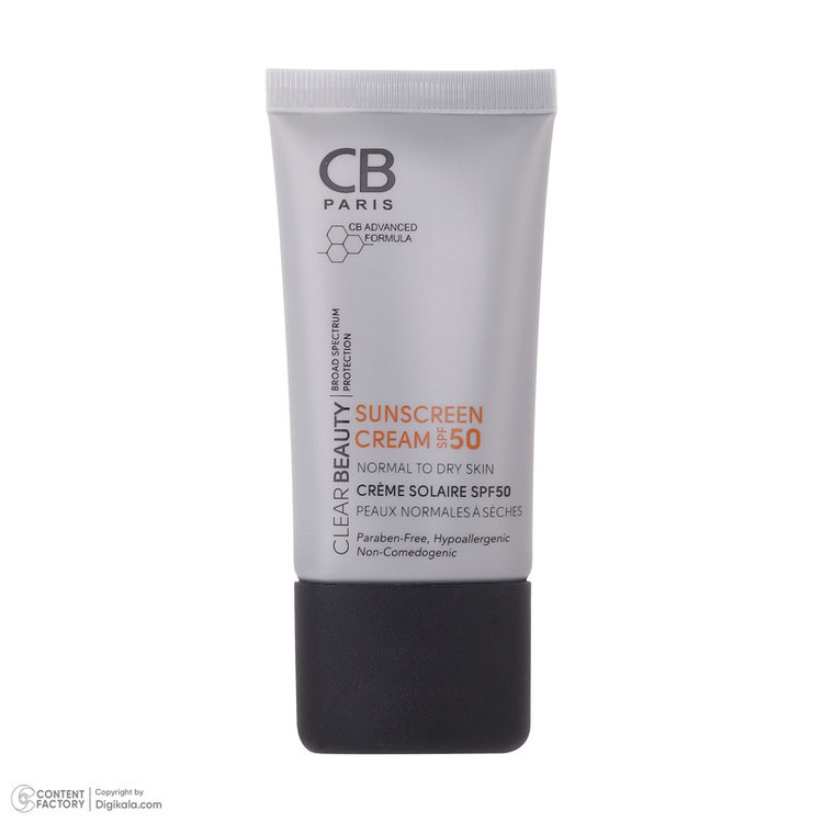 کرم ضد آفتاب بدون رنگ سی بی پاریس SPF 50 مدل 054 مناسب پوستهای معمولی و خشک حجم 40 میلیلیتر