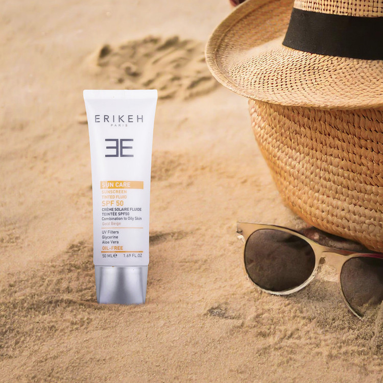 فلوئید ضد آفتاب رنگی اریکه، SPF50، مدل CO_GB، مناسب پوستهای چرب و مختلط با تنالیته متوسط و حجم 50 میلیلیتر، محافظتکننده در برابر اشعههای UVA و UVB، دارای فرمولاسیون فاقد چربی و گلیسیرین، با ماندگاری 2 ساعته