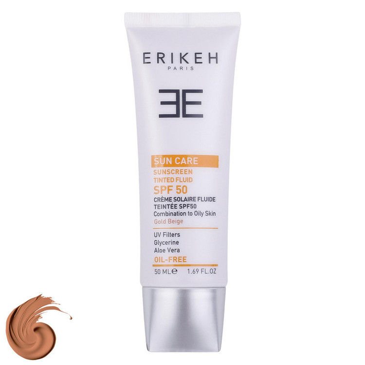 فلوئید ضد آفتاب رنگی اریکه، SPF50، مدل CO_GB، مناسب پوستهای چرب و مختلط با تنالیته متوسط و حجم 50 میلیلیتر، محافظتکننده در برابر اشعههای UVA و UVB، دارای فرمولاسیون فاقد چربی و گلیسیرین، با ماندگاری 2 ساعته