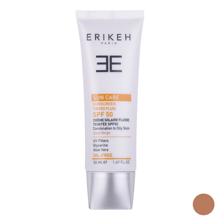 فلوئید ضد آفتاب رنگی اریکه، SPF50، مدل CO_GB، مناسب پوستهای چرب و مختلط با تنالیته متوسط و حجم 50 میلیلیتر، محافظتکننده در برابر اشعههای UVA و UVB، دارای فرمولاسیون فاقد چربی و گلیسیرین، با ماندگاری 2 ساعته