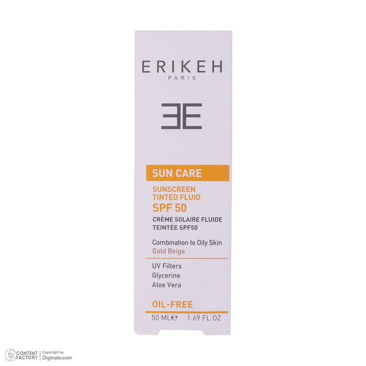 فلوئید ضد آفتاب رنگی اریکه، SPF50، مدل CO_GB، مناسب پوستهای چرب و مختلط با تنالیته متوسط و حجم 50 میلیلیتر، محافظتکننده در برابر اشعههای UVA و UVB، دارای فرمولاسیون فاقد چربی و گلیسیرین، با ماندگاری 2 ساعته