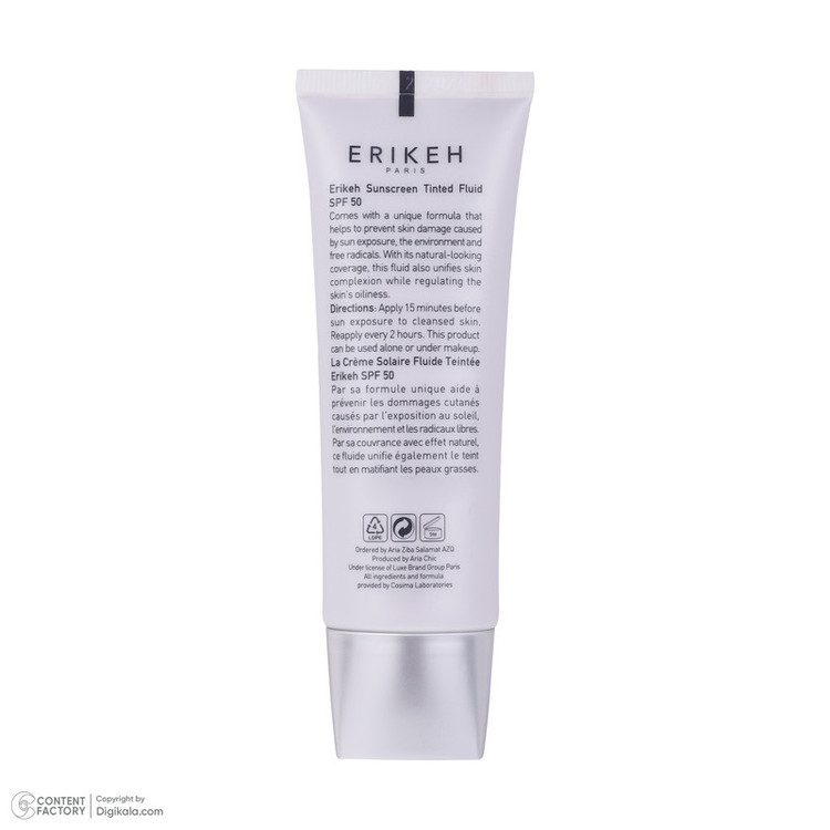 فلوئید ضد آفتاب رنگی اریکه، SPF50، مدل CO_GB، مناسب پوستهای چرب و مختلط با تنالیته متوسط و حجم 50 میلیلیتر، محافظتکننده در برابر اشعههای UVA و UVB، دارای فرمولاسیون فاقد چربی و گلیسیرین، با ماندگاری 2 ساعته