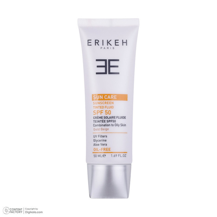 فلوئید ضد آفتاب رنگی اریکه، SPF50، مدل CO_GB، مناسب پوستهای چرب و مختلط با تنالیته متوسط و حجم 50 میلیلیتر، محافظتکننده در برابر اشعههای UVA و UVB، دارای فرمولاسیون فاقد چربی و گلیسیرین، با ماندگاری 2 ساعته