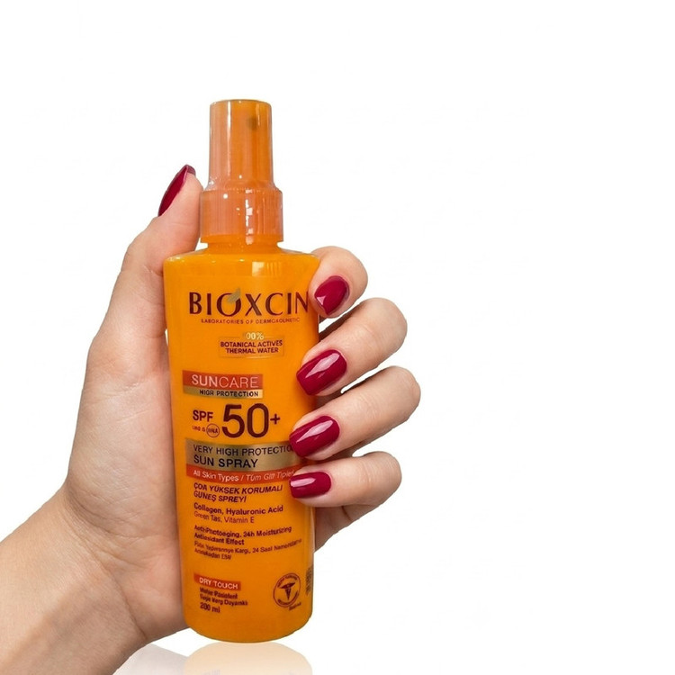اسپری ضد آفتاب بیرنگ بیوکسین SPF 50 مدل High protection محافظ UVA/UVB مناسب برای انواع پوست حجم 200 میلیلیتر