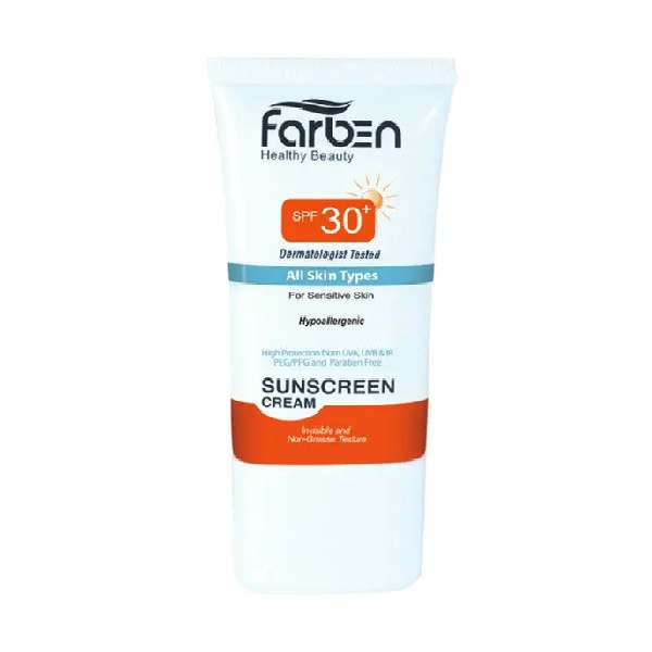 کرم ضد آفتاب بدون رنگ فاربن SPF 30 مدل Hypoallergenic مناسب انواع پوست حجم 50 میلیلیتر