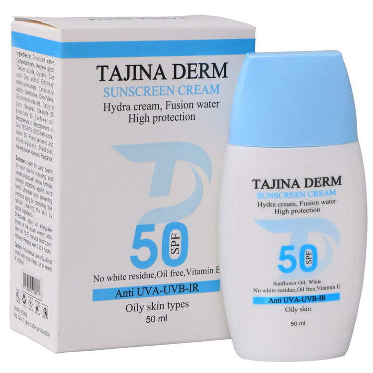 کرم ضد آفتاب بیرنگ تاجینادرم SPF 50 مدل oily محافظ UVA/UVB مناسب برای پوست های چرب حجم 50 میلیلیتر