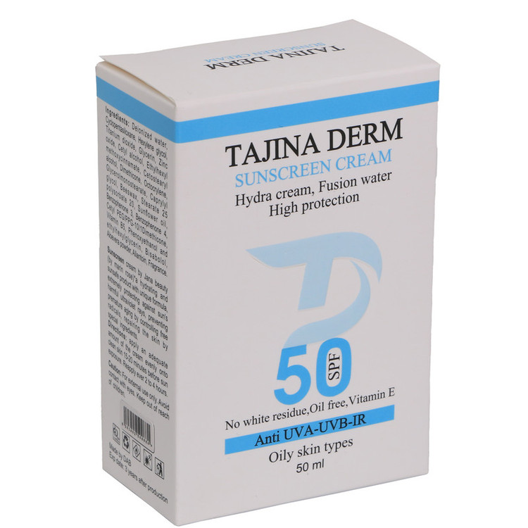 کرم ضد آفتاب بیرنگ تاجینادرم SPF 50 مدل oily محافظ UVA/UVB مناسب برای پوست های چرب حجم 50 میلیلیتر