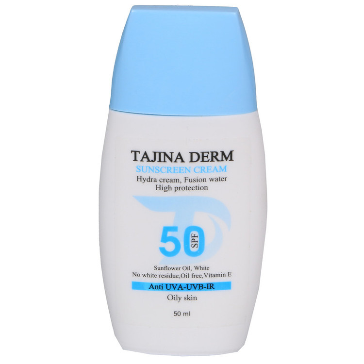 کرم ضد آفتاب بیرنگ تاجینادرم SPF 50 مدل oily محافظ UVA/UVB مناسب برای پوست های چرب حجم 50 میلیلیتر