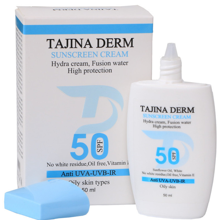 کرم ضد آفتاب بیرنگ تاجینادرم SPF 50 مدل oily محافظ UVA/UVB مناسب برای پوست های چرب حجم 50 میلیلیتر