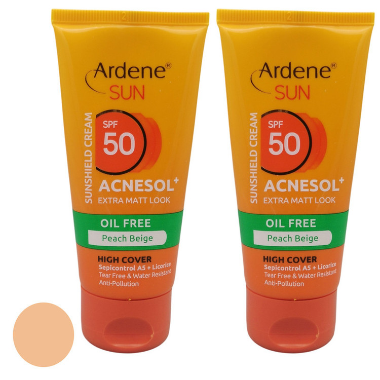 کرم ضد آفتاب رنگی آردن سان SPF 50 مدل Peach Beige محافظ UVA،UVB مناسب انواع پوست حجم 50 میلی لیتر مجموعه دو عددی 