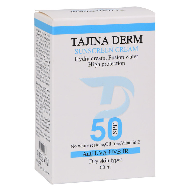 کرم ضد آفتاب بیرنگ تاجینادرم SPF 50 مدل Dry مناسب برای پوست خشک محافظ UVA/UVB حجم 50 میلیلیتر