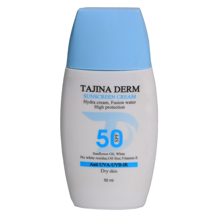 کرم ضد آفتاب بیرنگ تاجینادرم SPF 50 مدل Dry مناسب برای پوست خشک محافظ UVA/UVB حجم 50 میلیلیتر